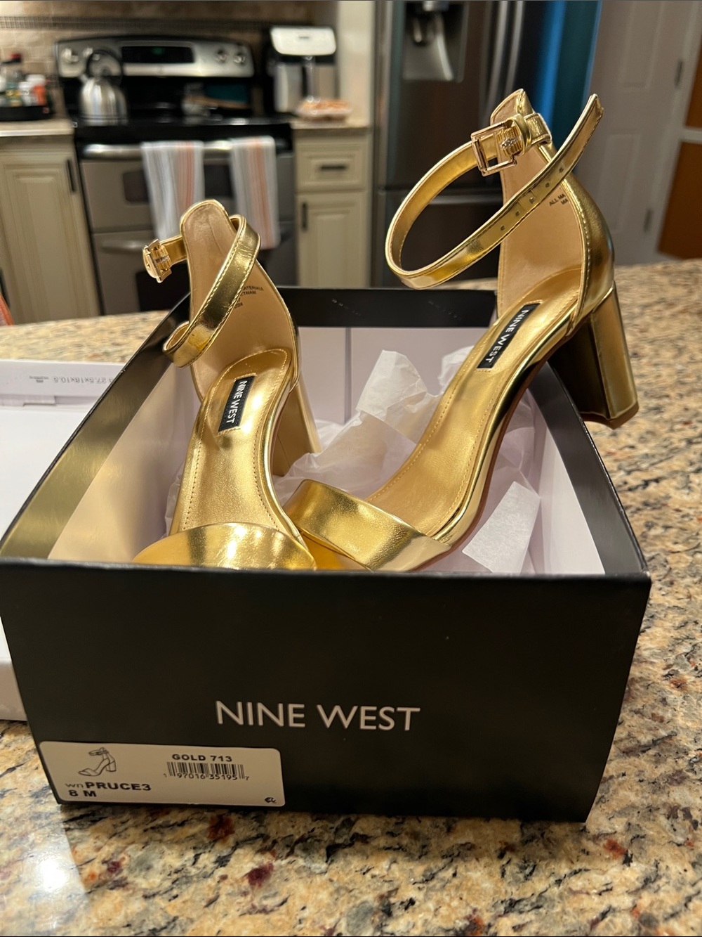 Nine West Metallic Gold Ankle-Strap Block Heel Sandals